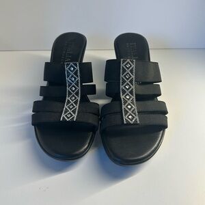 Italian Shoemakers Black Strappy Slide Sandals with Crystal Accent.